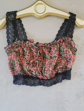 Y2K Love Culture Sheer Floral Ruffle Micro Cami with Lace Straps Sz Medium